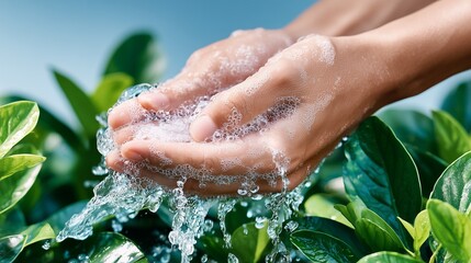 Hands gently washing with water over vibrant green leaves.