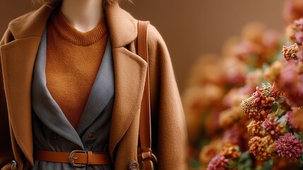 Stylish woman in warm tones with flowers in the background.