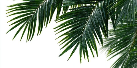 Close-up of lush palm fronds, vibrant green, with water droplets