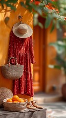 Stylish red dress and accessories showcasing summer vibes.