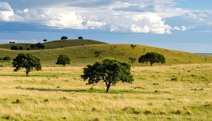 Obraz premium Open savanna landscape under a partly cloudy sky