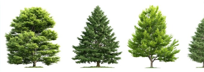 Four different types of trees, isolated against a white background.  Each tree displays full foliage, with variations in leaf shapes and densities