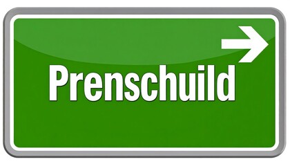 Green road sign with arrow and text