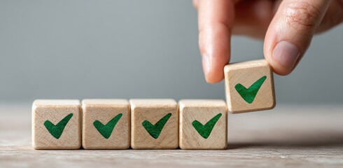 A hand places a small wooden block with a green check mark on top of a row of similar blocks