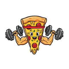 A cartoon pizza slice with a red headband lifting dumbbells with muscular arms on a black background