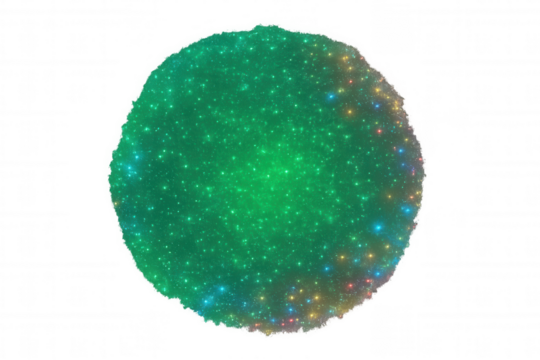 Green glowing cosmic sphere sparkling with tiny colorful lights against a transparent background