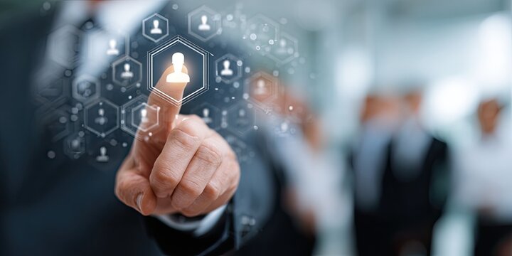 Close-up of a hand touching a highlighted person icon, overlaid on a blurred group of business people.  A network of icons representing people surrounds the highlighted individual - Powered by Adobe