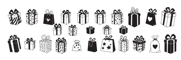 Holiday gift with patterns and ribbons, black outline silhouette, minimalist drawing, vector set on transparent background.