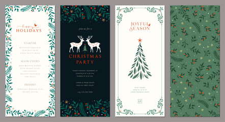 Obraz na płótnie Canvas Winter Holiday cards. Universal Abstract Christmas tall templates 4x9 with decorative Christmas Tree, reindeers, ornate floral background and frame with copy space, bird and greetings.