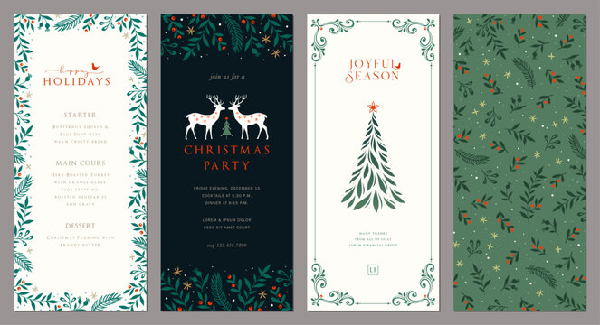 Winter Holiday cards. Universal Abstract Christmas tall templates 4x9 with decorative Christmas Tree, reindeers, ornate floral background and frame with copy space, bird and greetings.