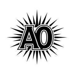 Black and white graphic design featuring the letters 'AO' with a burst background.
