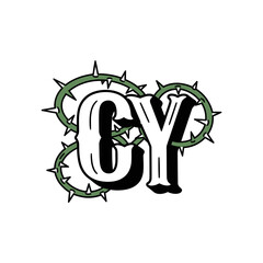 A graphic design of the letters CY in a bold, shadowed font, intertwined with a green thorny vine wreath.