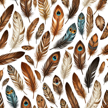 Brown, tan, & blue feather pattern. Detailed close-up with various feather types