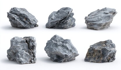 Six gray rocks on white background, various shapes and textures