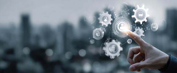 Hand interacting with digital gears and icons over a blurred cityscape