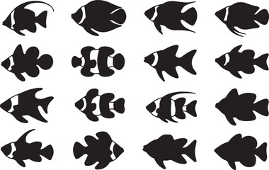 Fish, Angelfish, Clownfish, Goldfish silhouette vector