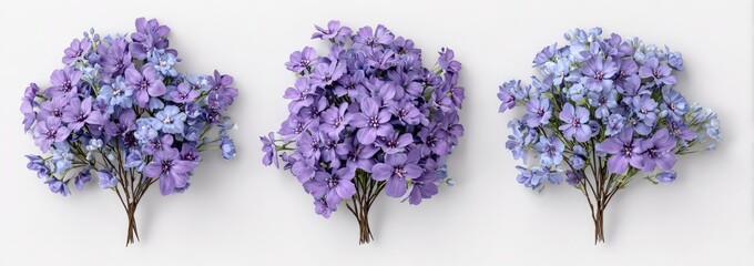 Three bouquets of light purple flowers on a white background