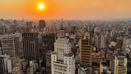 Iconic Building At Sao Paulo In Brazil. Highrise Buildings Landscape. Downtown Cityscape. Sunset...