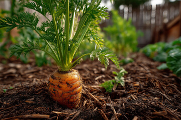 Carrot partially emerged from dark, moist soil and mulch, showcasing bright orange root and green leafy top in garden.