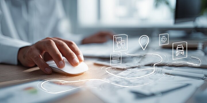 Close-up of person using computer mouse, overlayed with a digital route or process map
