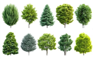 Fototapeta premium Twelve diverse trees, various shades of green, isolated on white