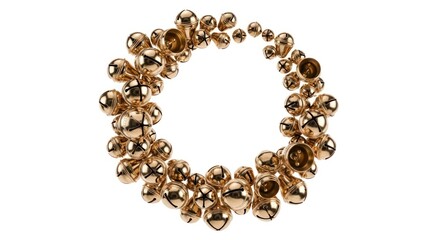 Arrangement of shimmering golden jingle bells in a circular design on a white background