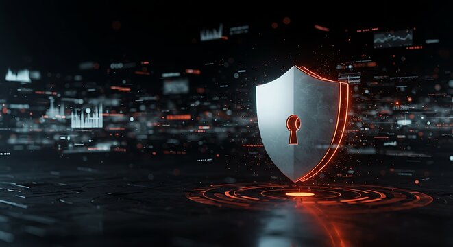 Digital security shield graphic depicting data protection and cybersecurity - Powered by Adobe