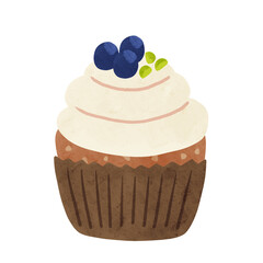 ブルーベリーのカップケーキ　水彩風手描きイラスト
