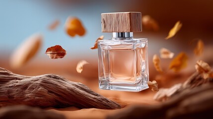 Elegant perfume bottle surrounded by autumn leaves and wood.