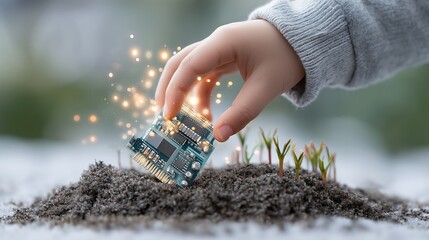 Child's hand planting a circuit board in soil with sprouts emerging.