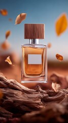 Elegant fragrance bottle with wooden cap, surrounded by floating leaves.