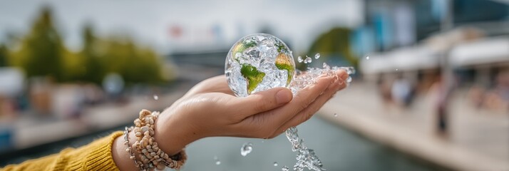 Female hand holding a glass globe with water droplets around it.