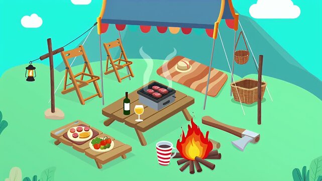 Stylized outdoor scene showing a colorful open canopy tent set up on a grassy field with camping supplies