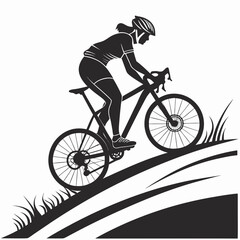 Naklejka premium Silhouette of a woman riding a bicycle uphill on a grassy terrain in black and white illustration style created with generated ai