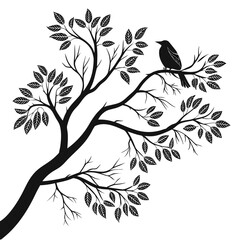 A silhouette of a bird perched on a branch of a tree with leaves in a minimalist black and white design created with generated ai