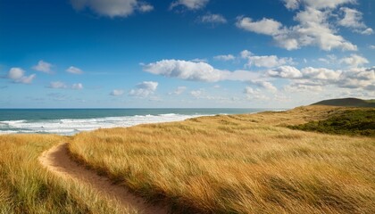 Fototapeta premium Golden Summertime Meadow With Footpath Leading To Ocean With Choppy Waves Underneath A Blue Sky With White Clouds