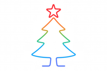 Christmas tree neon outline with rainbow gradient glow, celebrating holiday season and festive cheer on transparent background