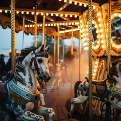 Fototapeta premium Autumn Fair Vintage Carousel Illuminated at Dusk