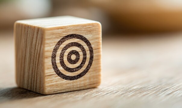 Close-up of a light-brown wooden cube, engraved with a target