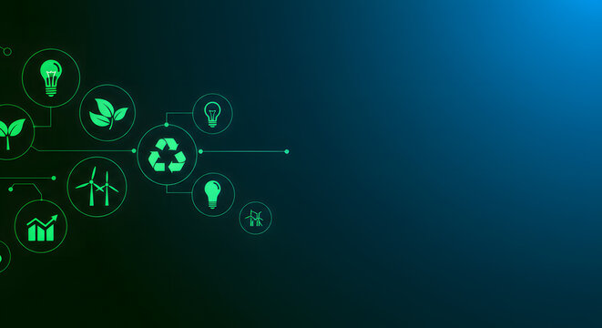 Green energy and sustainability icons connected by lines on a dark blue to green gradient background. - Powered by Adobe