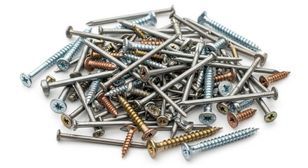 Pile of construction nails and screws scattered neatly on white background, isolated metallic materials, close-up detailed shot.