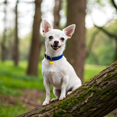 A white chihuahua with a blue collar sitting on a mossy tree branch in a blurred forest setting
