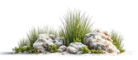 Light gray rocks and green grass cluster on a white background