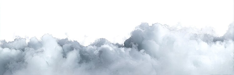 A panoramic view of a large expanse of soft, light gray clouds against a pure white background