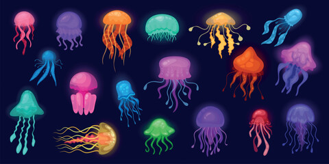 Glowing jellyfish. Cartoon medusa, neon jelly fish sea deep fantasy creature magic exotic underwater animal ocean beautiful marine fauna aquatic life, kicky vector illustration