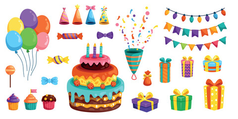 Cartoon birthday party decorations. Cake, color balloon kid hat gift presents box anniversary celebration cute elements confetti garland ribbon set, kicky vector illustration