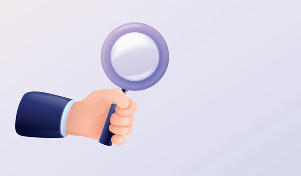 3d hand magnifying glass. Detective hand hold magnifier render icon, magnify lens inspect data analyze search look zoom focus vision find research info, exact vector illustration