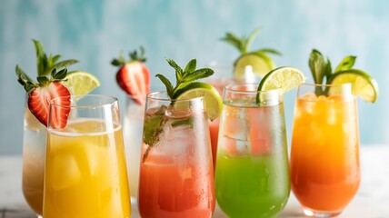 Assortment of Colorful Refreshing Cocktails with Fruit Garnish