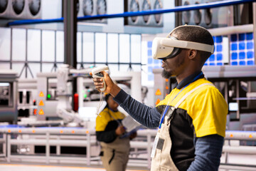 Solar panel technician utilizes VR headset to streamline industrial automation manufacturing....
