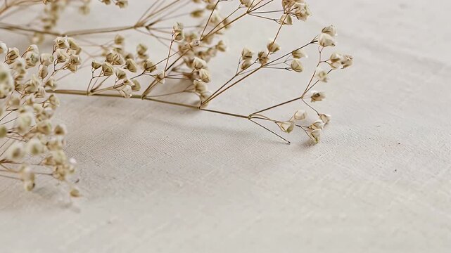 Delicate cluster of tiny dried umbel flowers resting on a rustic cream-colored wooden surface